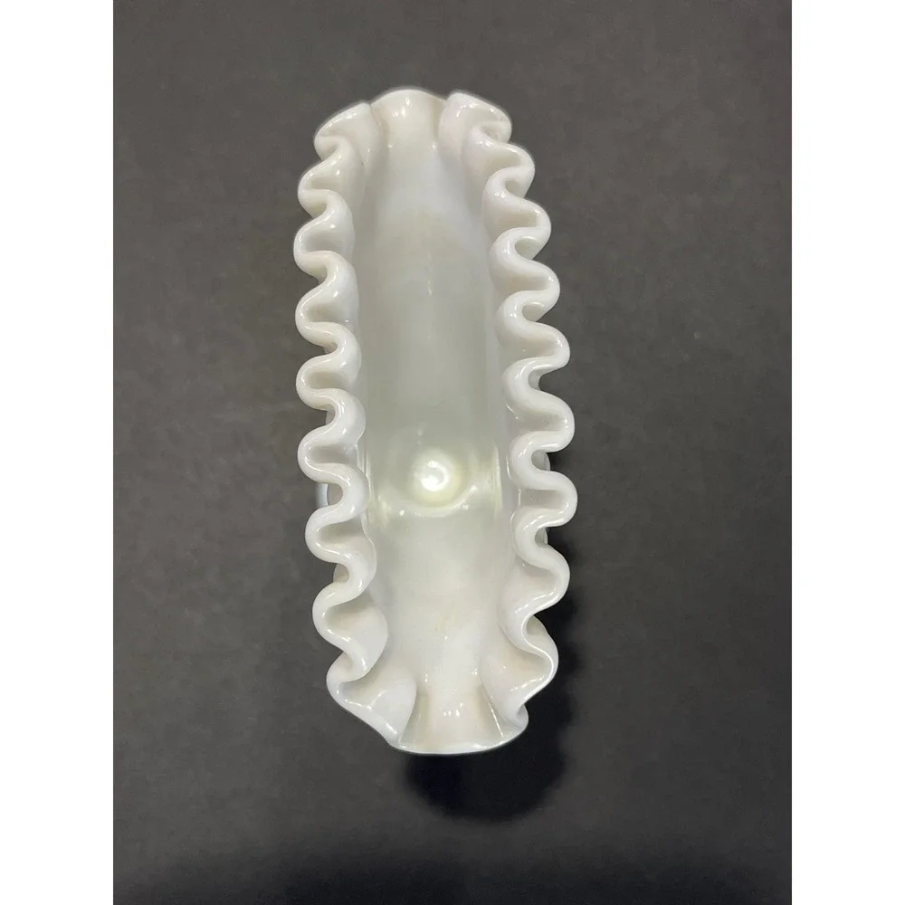 Fenton Milk Glass Hobnail Fan Vase White Ruffled Edge Vintage Mid Century Decor